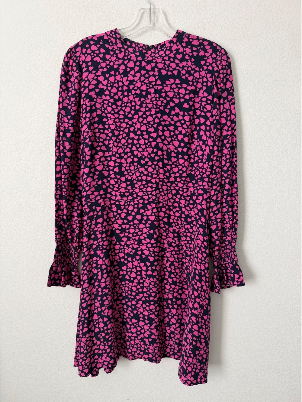 LOFT NWT Navy Blue/Pink Heart Print Long Sleeve Round Neck Dress Women's Size 12
